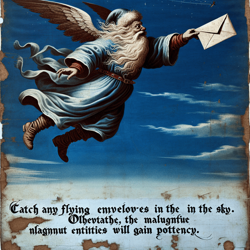a pergament of santa catching a flying envelope in the sky. There is the text "Catch any flying envelopes in the sky. Otherwise the evil forces will become stronger."