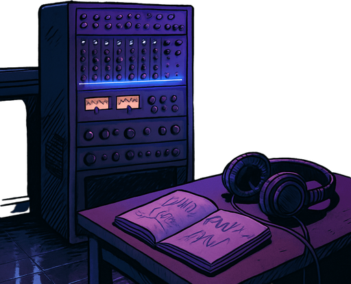 A 2048x2732 vertical background illustration in a semi-realistic comic book style. The scene shows a quiet corner of the same small urban apartment, viewed from a different angle than the main menu. This part of the room features a vintage sound mixing rack, ambient LED lights softly glowing in purple and blue tones, and a corkboard on the wall filled with pinned notes, small polaroid photos, and scribbled music ideas. An open sketchbook with waveform doodles lies on a side table, and worn-out headphones rest beside it. A faint rain still falls outside the partially visible window, casting reflections on the floor. The overall mood remains lo-fi, introspective, and musically charged. No characters, no text — just a lived-in, creative space for the settings menu backdrop..
In-Game asset.  2d.  High contrast.  No shadows