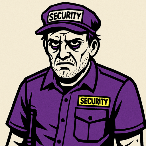A 30-something security guard in a purple uniform, looking tired and vengeful..
In-Game asset.  2d.  High contrast.  No shadows