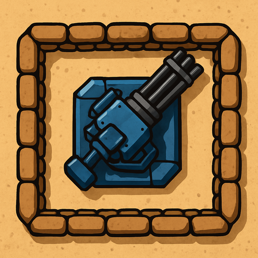 Top view of an blue defense Military tower large Minigun Machinegun in the desert, the image has a square border outlined by military defense Brown sandbags.
In-Game asset.  2d.  High contrast.  No shadows