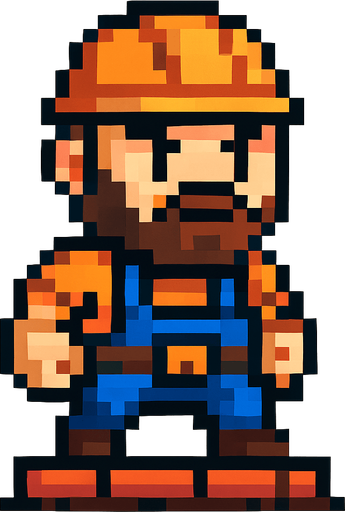 Genera una imagen de un albañil guerrero pixel, que su cabeza sea un poco más grande que su cuerpo, y que no tenga armas.
In-Game asset.  2d.  High contrast.  No shadows