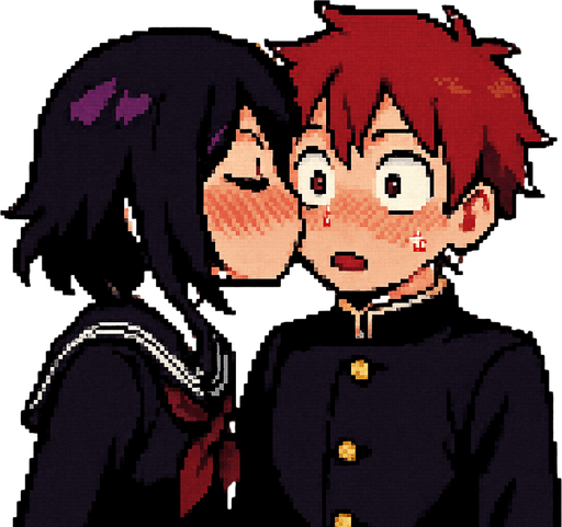 A cute anime-style girl with an emo aesthetic, striking purple eyes, and dressed in a traditional Japanese school uniform (sailor fuku), suddenly gives an unexpected kiss on the lips to a sweet red-haired boy with deep crimson eyes, wearing a classic gakuran school uniform. As she kisses him, her cheeks are deeply flushed, while he, also blushing, wears a look of shock and disbelief — not only was the kiss completely unprompted, but it’s also the very first time anyone has ever kissed him. Behind them stretches a Japanese school hallway, all rendered in a charming Pixel Art style.