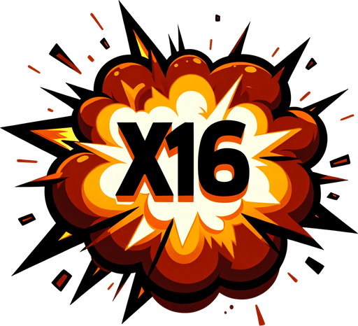爆炸，里面有X16的字样，和前面几个图片样式一样.
Single Game Texture. In-Game asset. 2d. Blank background. High contrast. No shadows.
