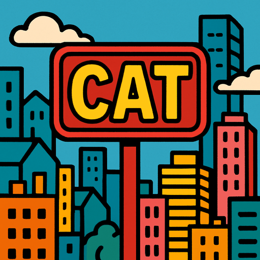 Şehir ve arkaplanında cat yazan bir tabela.
In-Game asset.  2d.  High contrast.  No shadows