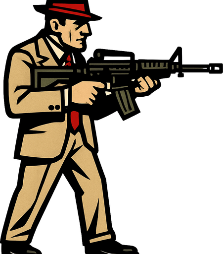 un mafioso italiano usando un m4 con la perspectiva lateral de cuerpo completo
In-Game asset.  2d.  High contrast.  No shadows