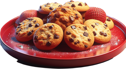 photorealistic red plate of cookies, profile view.