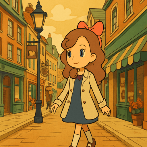 Generate a detailed and vivid description of a scene depicted in the visual style characteristic of Professor Layton games, focusing on a young girl walking down a city street. Capture the unique art style elements such as warm color palettes, cel-shaded animation, distinctive character design with soft lines and expressive eyes, and the semi-realistic yet whimsical environment. Include the atmosphere of the city street, describing architectural features, background elements like lampposts, shop signs, and the bustling yet charming ambiance, as seen in Professor Layton games. Avoid photographic realism; emphasize stylized, hand-drawn, and storybook-like qualities..
In-Game asset.  2d.  High contrast.  No shadows