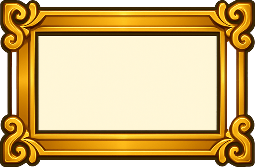 A horizontal rectangular Golden Frame design  
In-Game asset.  2d.  High contrast.  No shadows