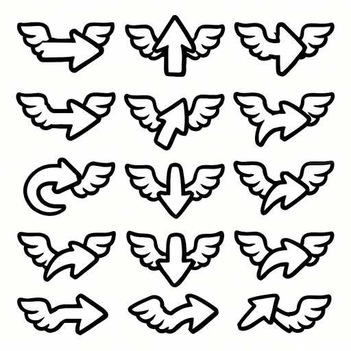 Spreite sheets of simple white arrows with wings.
In-Game asset.  2d.  High contrast.  No shadows