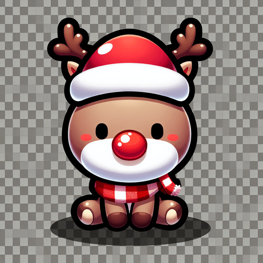 a cute little santa's reindeer with a red nose sitting Single Game Texture. 2d. Transparent background. High contrast. No shadows.