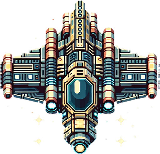 retro 2d spaceship, top view.
Single Game Texture.  In-Game asset.  2d.  transparent background.  High contrast.  No shadows