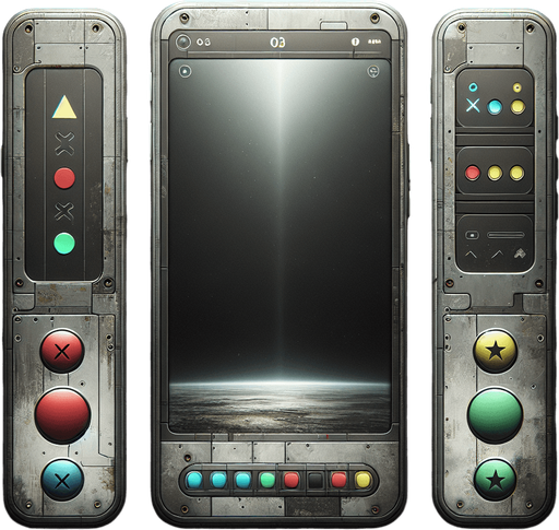 Design a clean and minimalistic landscape-oriented mobile phone interface inspired by Star Wars, adhering to user-friendly web design principles. The frame has a sleek, weathered industrial aesthetic with rounded edges and a muted metallic finish. The screen is completely empty, providing a clean and open space.

At the bottom of the HUD, align four large buttons in a simple, straight row. Each button features a unique, bold shape: a triangle, a square, an X, and a star. The buttons are evenly spaced, brightly colored (e.g., red, green, blue, yellow), and have a subtle glow with smooth, tactile designs to make them visually distinct and user-friendly.

The background incorporates faint industrial details, such as subtle panel lines or rivets, to reinforce the Star Wars aesthetic without overwhelming the design. The interface balances functionality and thematic style while maintaining a minimalist and intuitive layout focused on the aligned button array..
Single Game Texture. In-Game asset. 2d. Blank background. High contrast. No shadows.