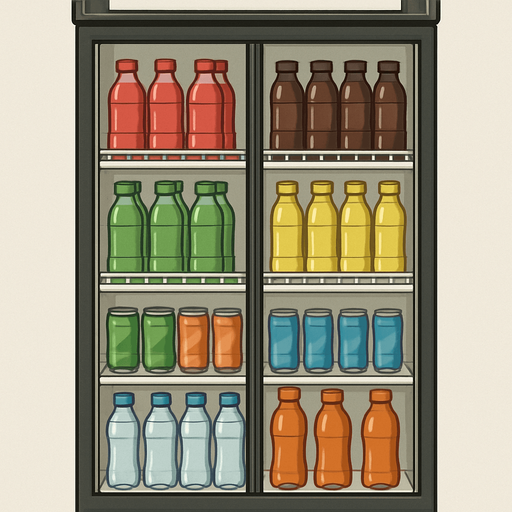 İçindeki içecekler görünen, meşrubat dolabı, gerçekçi - yazısız.
In-Game asset.  2d.  High contrast.  No shadows