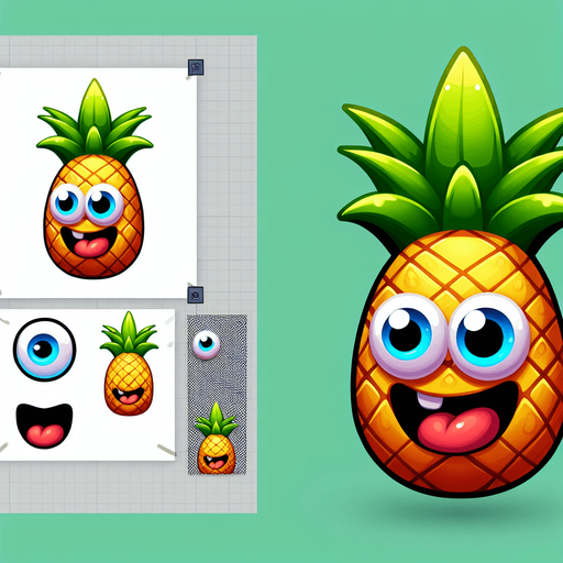 pineapple with eye and mouth animation..
Single Game Texture.  In-Game asset.  2d.  Blank background.  High contrast.  No shadows