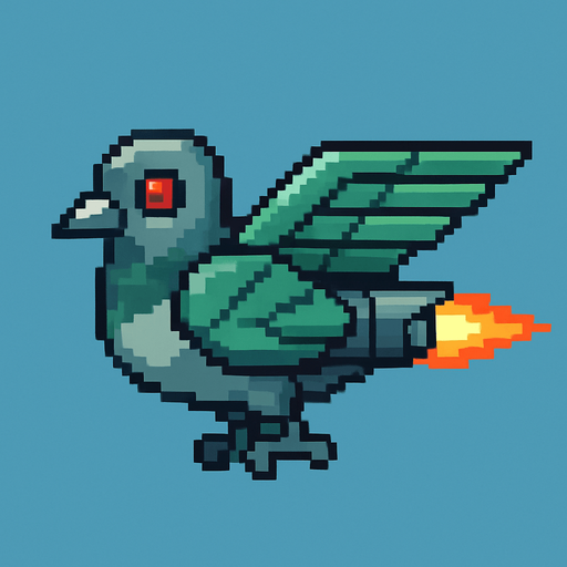 Pixel art of a smaller robotic pigeon with jet wings and a streamlined shape. Fast enemy type in a 2D arcade game. Side view, green metal feathers.
In-Game asset.  2d.  High contrast.  No shadows