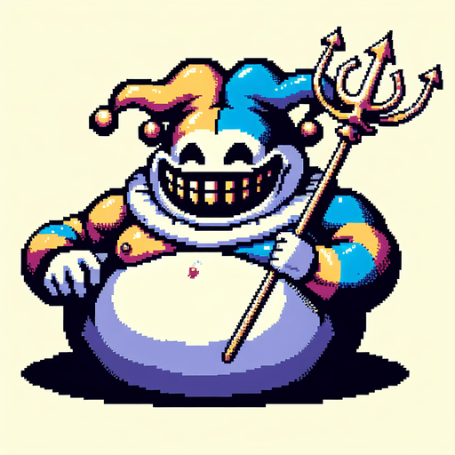 Creepy Jester clown with a fat circular belly, grinning and carying a trident.
Single Game Texture. In-Game asset. 2d. Blank background. High contrast. No shadows. 8 bit