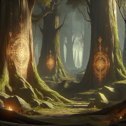 Backdrop: An ancient, mystical forest with glowing runes etched into massive tree trunks.

Colors: Earthy greens and browns with soft golden accents.

Details: Misty ambiance with faint ethereal figures in the background..
Single Game Texture. In-Game asset. 2d. Blank background. High contrast. No shadows.