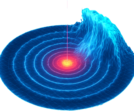 Growing expanding outward Overhead digital simulation hologram of oceanic meteor impact tsunami wave shockwave radius circle outward crashing neon cyberpunk 3d diagram