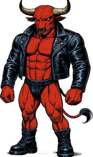 idle animation hunky Minotaur man Cyberpunk manga, minotaur monster hunk, shiny black leather biker jacket longsleeves shirtless muscles, jockstrap combat boots, Background removed, "Full-body character, entirely in frame, no cropping of face, head, or feet" "Complete character visible, from horns to hooves, fully centered in the image" "Entire character, including face and boots, fully within the frame" Character fully contained within a square frame, no edges cut off fashion model idle pose