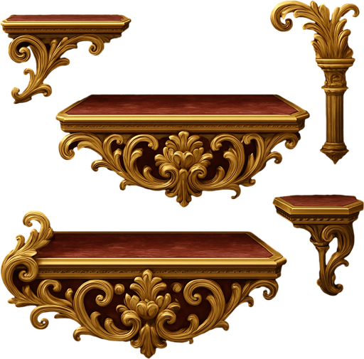 Design elegant, baroque-style 2D game platform with gold trim, carved floral designs, velvet or marble textures. Platform should feel like floating pieces of palace architecture — fancy, surreal, and majestic..
In-Game asset.  2d.  High contrast.  No shadows