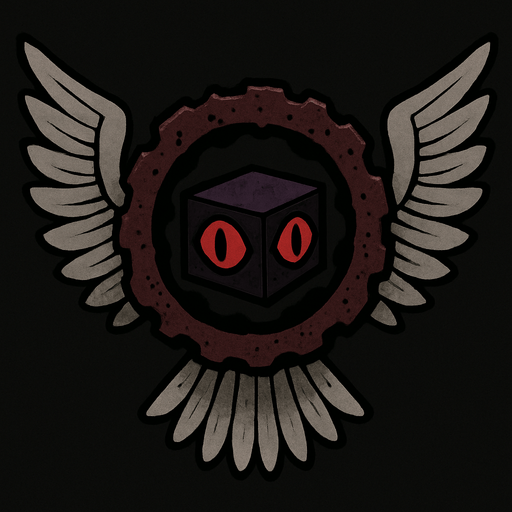 Alas: Tiene un par de grandes alas emplumadas de color gris claro o blanco, similares a las de un ángel o un grifo, que se extienden prominentemente hacia los lados.

Aro dentado/rueda: En el centro del ser hay un gran aro o rueda de color oscuro, posiblemente marrón rojizo o burdeos, con una textura rugosa o dentada, como si estuviera hecho de metal corroído o material orgánico. Este aro tiene aberturas o huecos irregulares a lo largo de su perímetro.

Cubo central: Dentro del aro, hay un objeto cúbico, de apariencia más pequeña que el aro, de color oscuro (posiblemente negro o morado muy oscuro). En cada una de las caras visibles de este cubo hay lo que parecen ser ojos rojos brillantes con pupilas oscuras, lo que le da un aspecto vigilante o inquietante..
In-Game asset.  2d.  High contrast.  No shadows