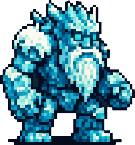 buz golemi (sakalıı buz güzlü  kar gibi yerleri olan ama buz olan yerleride olan ) pixel art bide.
In-Game asset.  2d.  High contrast.  No shadows