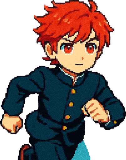 A cute 15-year-old red-haired boy with intense red eyes, wearing a traditional Japanese school uniform (gakuran). He's running down the street with a serious and confident expression. Despite his determined look, his appearance remains sweet and endearing. His gaze is focused straight ahead, with the wind gently lifting his hair and school jacket. The scene is illustrated in Pixel Art style..
In-Game asset.  2d.  High contrast.  No shadows