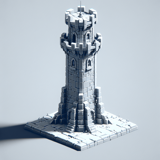 A turret tower built of ice blocks. Front view perspective. Single Game Texture. In-Game asset. 2d. Blank background. High contrast. No shadows.