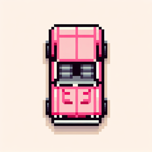 Top-down view of a simple pink car in pixel art style, 64x64 size, designed for an endless driving game, minimal detail, arcade style". straight top. View
Single Game Texture.  In-Game asset.  2d.  Blank background.  High contrast.  No shadows