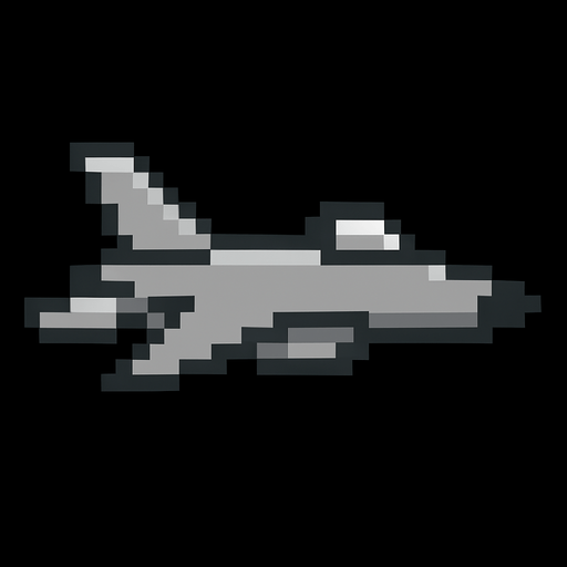 Avión de color gris sin ruedas 8 bit.
In-Game asset.  2d.  High contrast.  No shadows