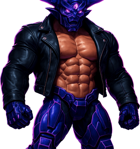 Black leather biker jacket longsleeves shirtless muscles pecs abs hunky demon cyborg robot mecha cyberpunk neon manga futuristic monster stud beefcake