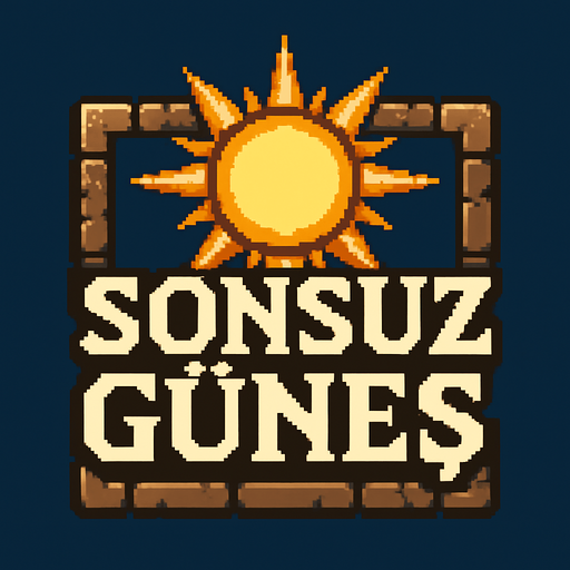 Sonsuz Güneş oyunu yazan orta çağ temalı bit oyun logosu.
In-Game asset.  2d.  High contrast.  No shadows