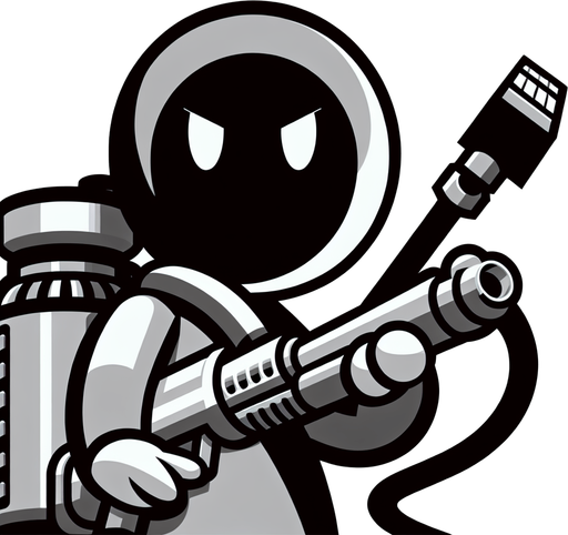 character with vaccum gun aiming front
  In-Game asset..
Single Game Texture.  In-Game asset.  2d.  Blank background.  High contrast.  No shadows