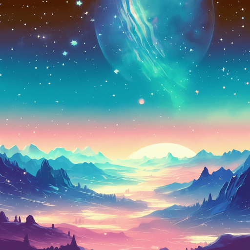 beautiful mountainous view. starry sky, pastel colours, high definition, alien world. Single Game Texture. In-Game asset. 2d. Blank background. High contrast. No shadows.