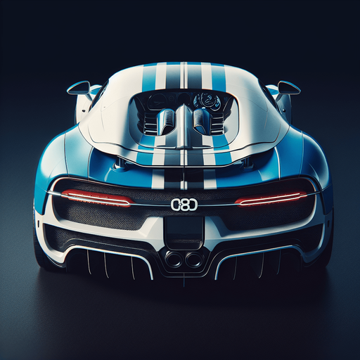 Back of blue and white colour Bugatti.
Single Game Texture. In-Game asset. 2d. Blank background. High contrast. No shadows.