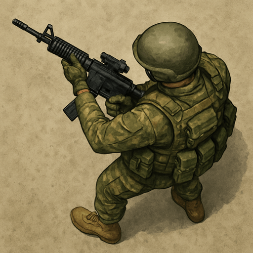 Army Soldier with gun. Topview.