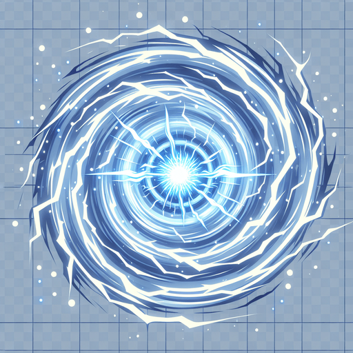 Concentric circles or energy waves expanding outwards from a central point. The waves could be depicted as sharp lines of light blue or white energy. Could also incorporate small lightning-like sparks within the surge..
Single Game Texture.  In-Game asset.  2d.  Blank background.  High contrast.  No shadows