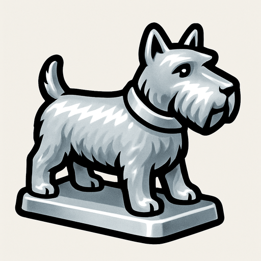 Köpek şeklinde gümüş monopoly piyonu yap.
In-Game asset.  2d.  High contrast.  No shadows