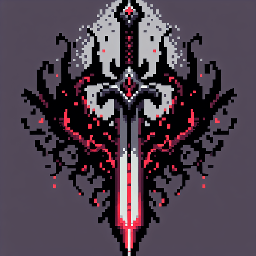 pixel art of an evil fantasy sword facing downward. Minor red details.
Single Game Texture. In-Game asset. 2d. Blank background. High contrast. No shadows.