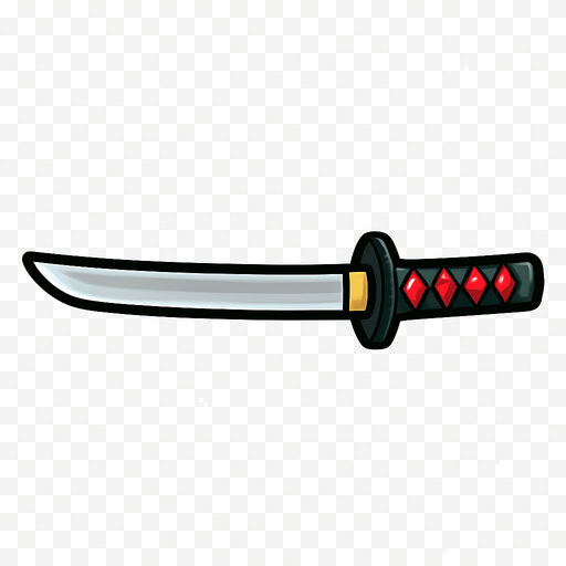 Draw a 2D side-view katana with a sleek silver blade and a black-and-red hilt, in a flat cartoon style suitable for an action game. The sword should be horizontal with a transparent background.
In-Game asset.  2d.  High contrast.  No shadows