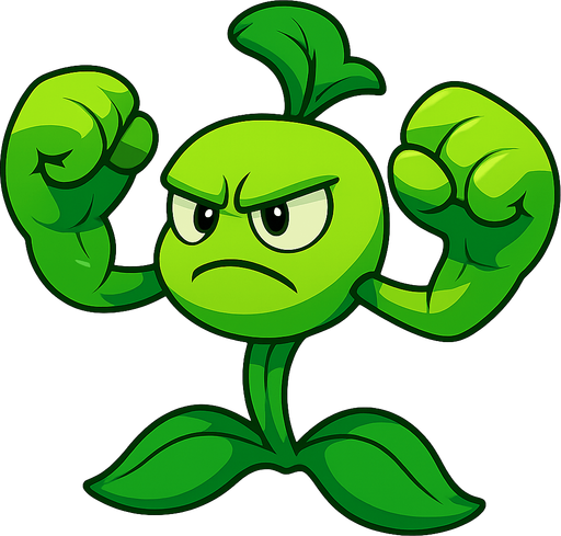 Bonk Choy inspirado en Plants vs. Zombies. Planta verde musculosa con dos enormes puños de hojas brillantes, postura de combate, mirada feroz y determinada. Tallos fuertes, cuerpo compacto, expresión desafiante mirando al frente. Estilo caricaturesco, colores vivos, sin sombras, fondo transparente. Ideal como asset visual 2D para videojuego.
. No background. Transparent background. Blank background. No shadows. 2d. In-Game asset. flat