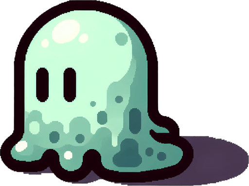Un slime fantasmal RPG con estilo suave y simple.
Single Game Texture.  In-Game asset.  2d.  Blank background.  High contrast.  No shadows