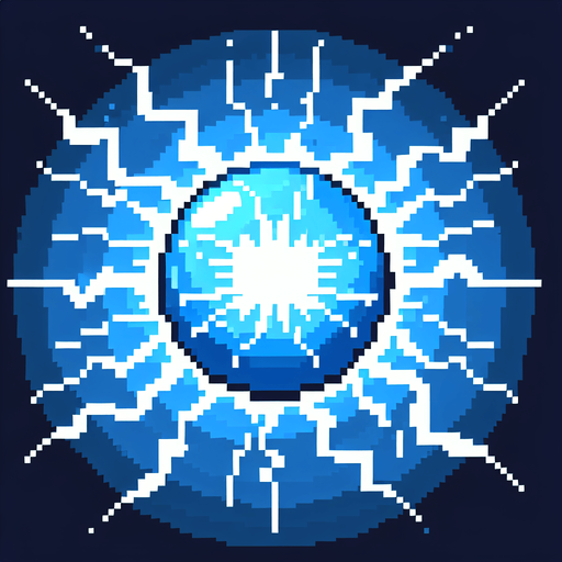 pixel art blue light thunder ball.
Single Game Texture.  In-Game asset.  2d.  Blank background.  High contrast.  No shadows