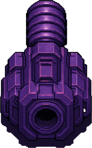top down sci-fi fat barrel cannon with ridges, purple metal, pixel art