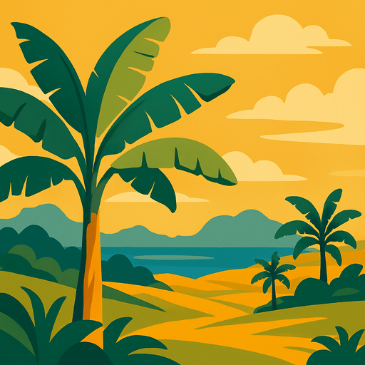 relaxing banana tree landscape.
In-Game asset.  2d.  High contrast.  No shadows