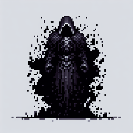 pixel art of an evil fantasy knight. Full body, legs obscured by black mist.
Single Game Texture. In-Game asset. 2d. Blank background. High contrast. No shadows.