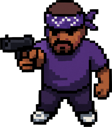 pandillero de morado hecho con pixeles con perspectiva desde arriba visto de frente apuntando hacia enfrente con un arma
In-Game asset.  2d.  High contrast.  No shadows