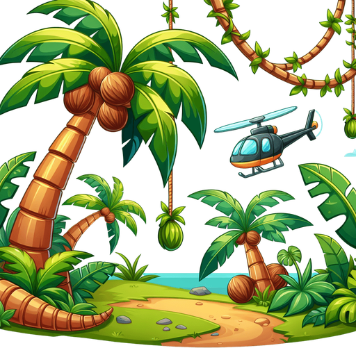Design a cartoon-style palm tree or jungle vine obstacle for a helicopter game. The palm should have a curved trunk, big floppy leaves, and maybe coconuts. The vines can hang or swing. Make it playful and jungle-themed.