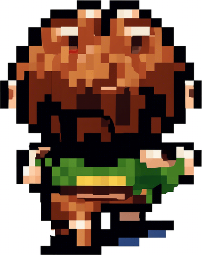 The hobbit is jumping. His feet stick out on either side as he jumps.  Pixel art