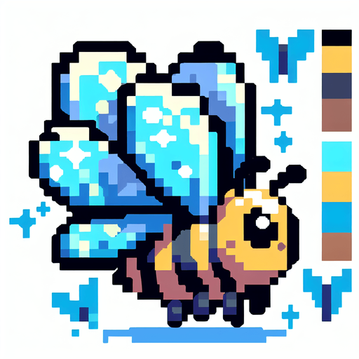 genera una abeja con alas de mariposa en pixel art solo de perfil mirando a la izquierda.
Single Game Texture.  In-Game asset.  2d.  Blank background.  High contrast.  No shadows
